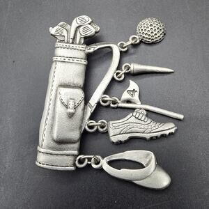 JJ Golf Charm Brooch Silver Tone Golf Theme Vintage Costume Jewelry